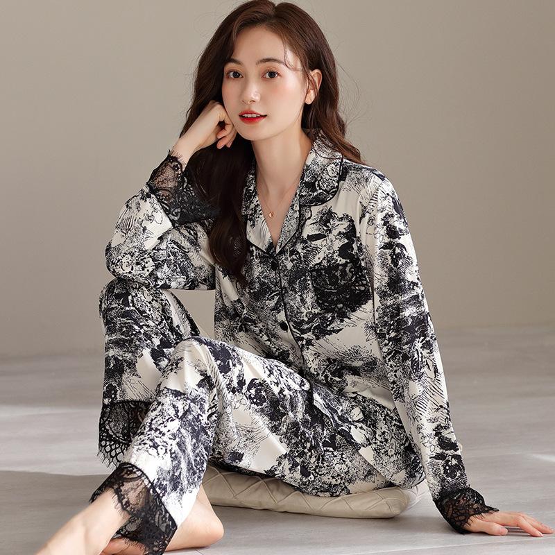 1011 Spring and Autumn New Ink Painting Fashion Loose Pajamas Cardigan Women's Simulation Silk High-end Homewear