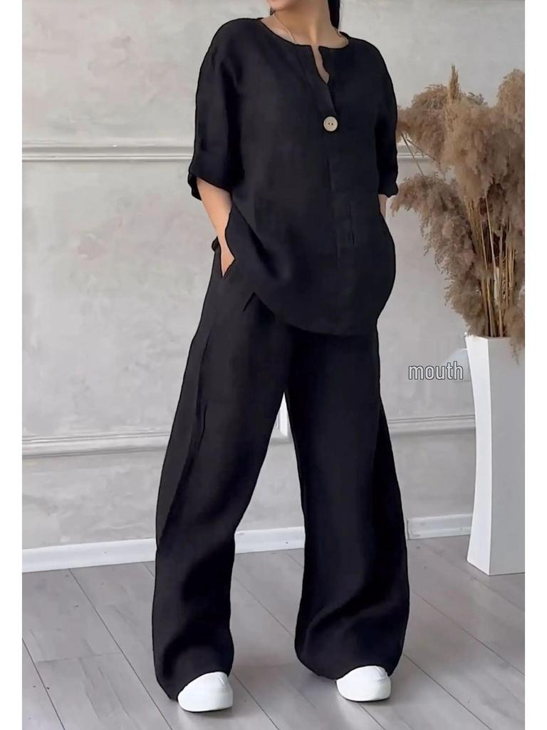 Damen Plus Size Sommer Baumwoll-Leinen 2-teiliges Set: Lockeres Hemd & High-Waist Weitbeinige Hosen