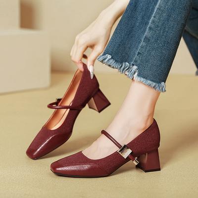 Mary Jane Shoes Women's Middle Heel New Burgundy Light Mouth Square Head Single Shoes Retro Word with Thick Heel High Heels