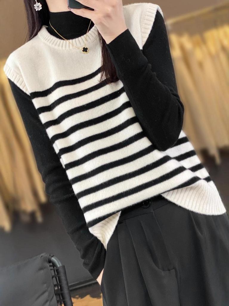 Women's Colorful Striped Knit Vest - Autumn/Winter Loose Fit, Elegant & Versatile Fashion.