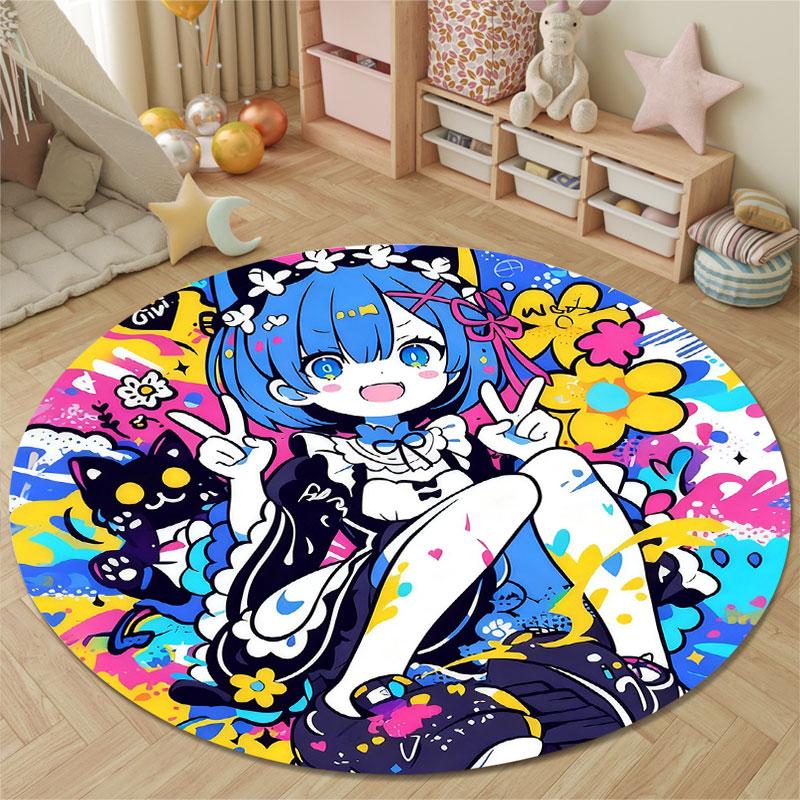 Elegant Round Anime Girl Blue Floor Rug, Non-Slip Floor Mat for Nursery