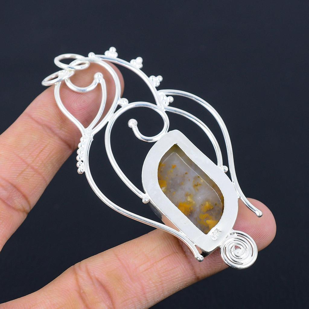 Halloween Sale Natural Plume Agate Trendy Bezel Wedding Pendant Sterling Silver