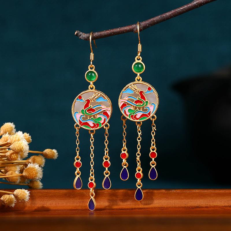 Chinese Style 925 Silver Sun God Deer Earrings with Hetian Jade, Enamel Glaze & Tassel Hooks Gold Plated