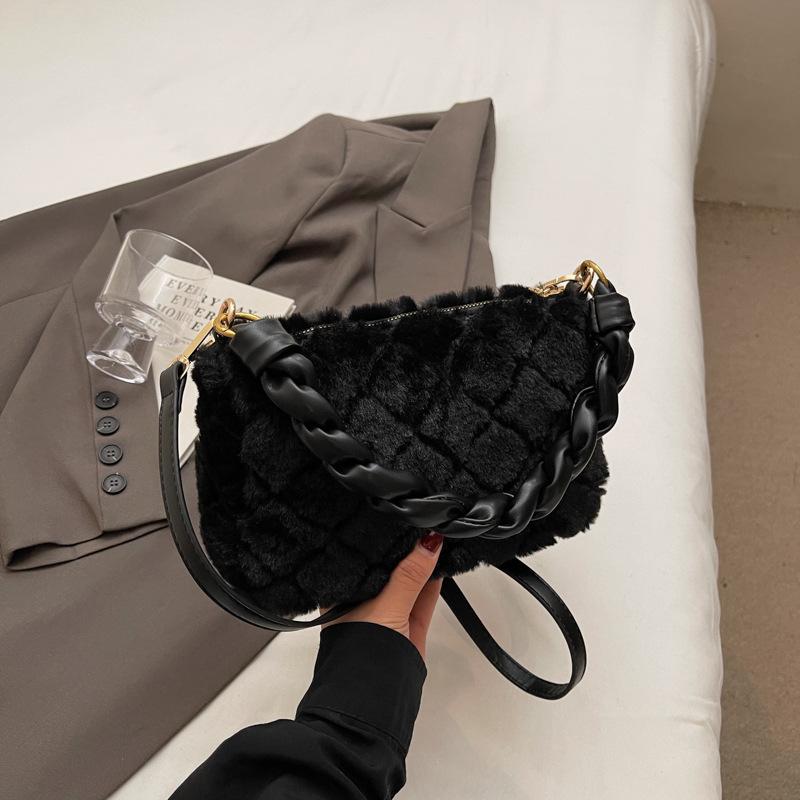 Autumn new diamond plush bag woven portable small square bag fashion crossbody shoulder plush women's bag