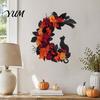 Seasonal Entryway Ornament Halloween Black Cat Moon Wreath, Gothic Crescent Wreath with Retro Style Door Artificial Rose Flowers for Home Front Porch