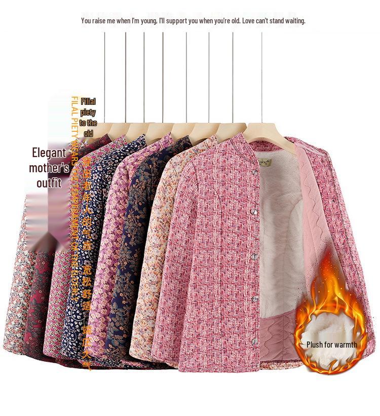 Hřejivý bavlněný kabát s podšívkou ze sametu pro ženy středního a staršího věku: Zimní volná bunda s ochranou pasu z velbloudí vlny