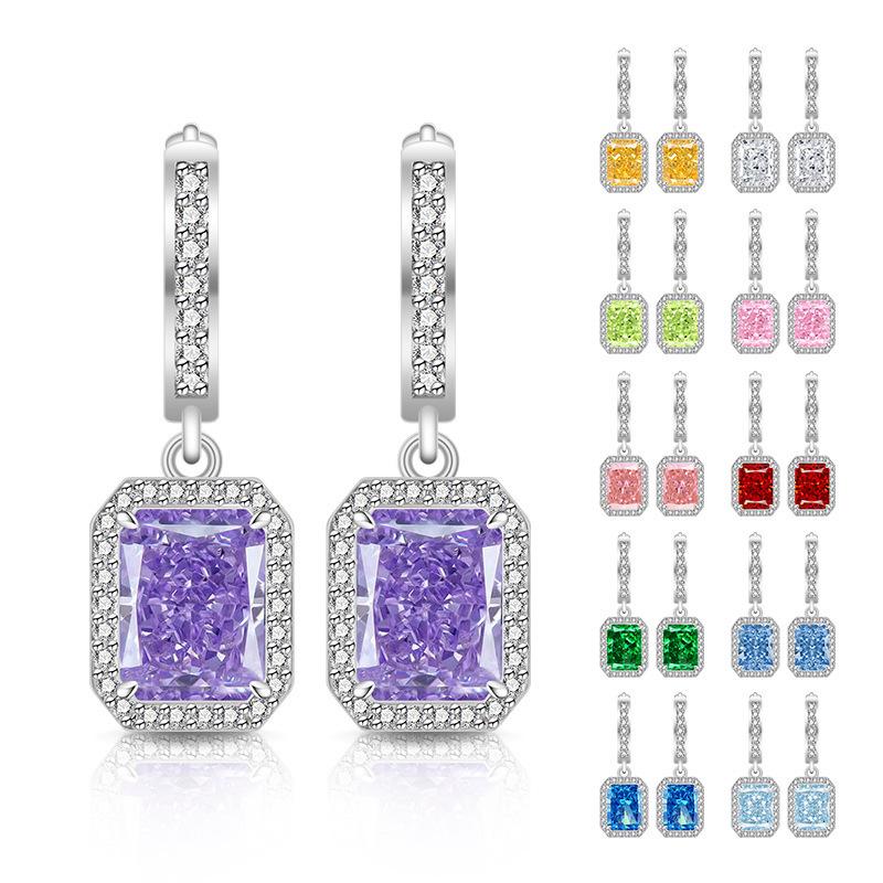 2026 Colored Treasure Ice Flower Cut High Carbon Diamond Square Earrings Plated with Real Gold Smart Luxury Ear Hook Ear Jewelry