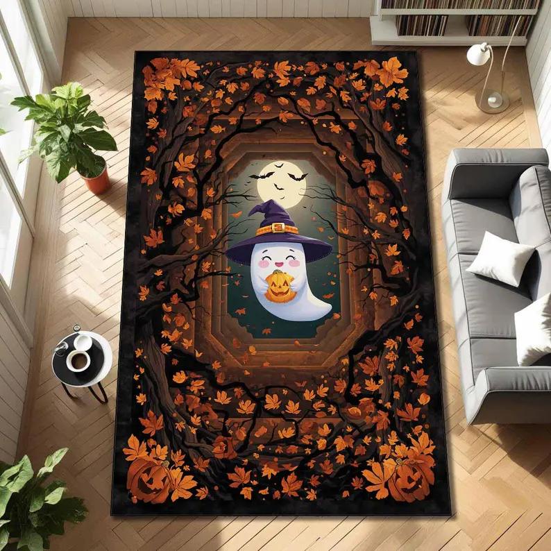 Christmas Tree Area Rug Red Gold Ornaments On Green Background Halloween Pumpkin Ghosts Rug Classic Holiday Rug for Xmas Decor