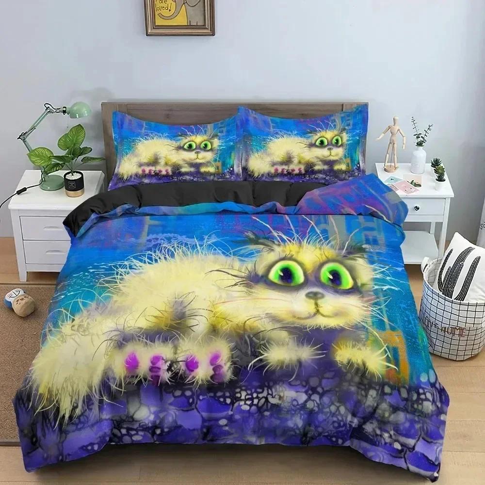 Luxury New 3D Print Watercolor Cartoon Cat Bedding Set Boys Girls Twin Queen Size Duvet Cover Bed Kids Adult Home Textileextile