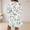 Women Plus Size V Neck Long Sleeve Floral Printed White Loose Curved Hem Dress
