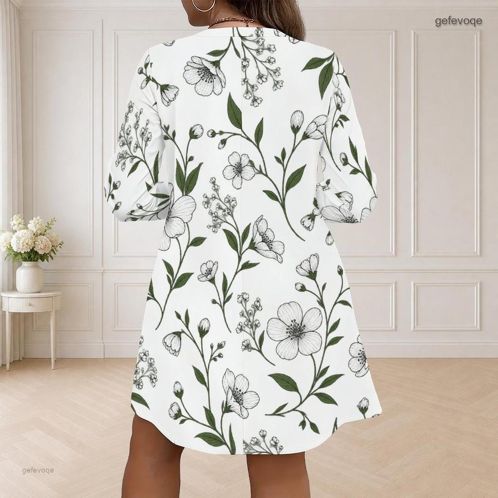 Women Plus Size V Neck Long Sleeve Floral Printed White Loose Curved Hem Dress
