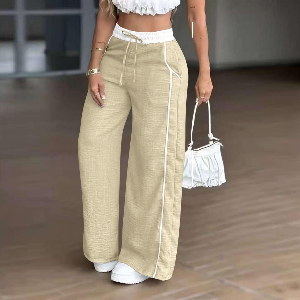 Women's Fashion Color Blocked High Waist Straight Leg Wide Leg Pants Pocket Casual Pants