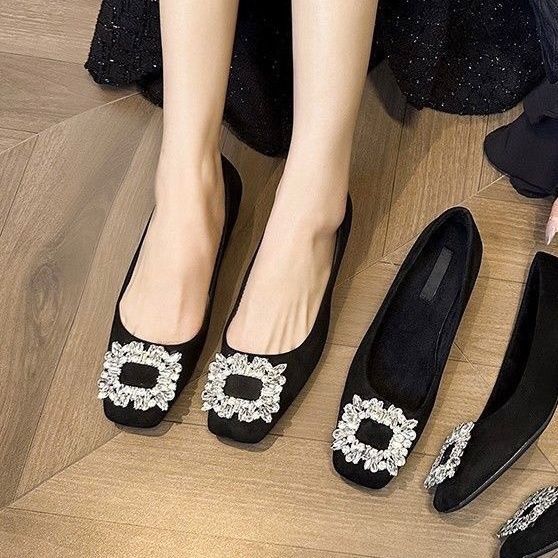 Black Square Head High Heels Women's Thick Heel Rhinestone Versatile Temperament Mary Jane Square Diamond Single Shoes Women