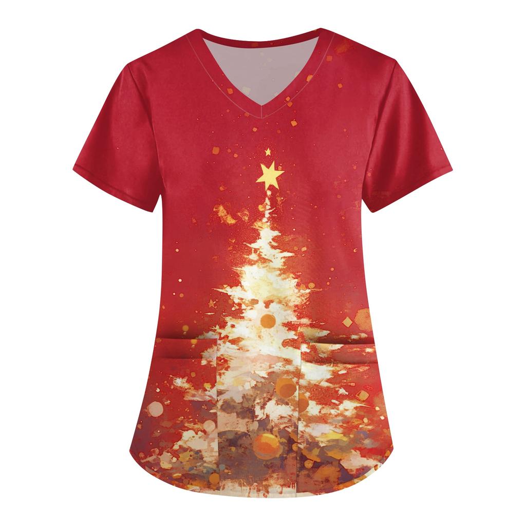 Women's Printing Uniform Work Uniform V-neck Pockets Basic Short Sleeve Pullover Top