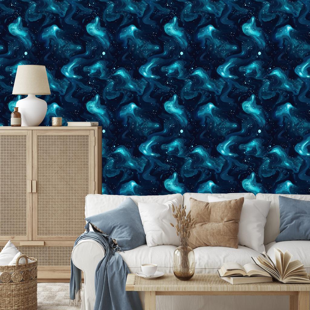 Watercolor Galaxy Wallpaper Navy Blue and Turquoise, Soft Forms 50x1000