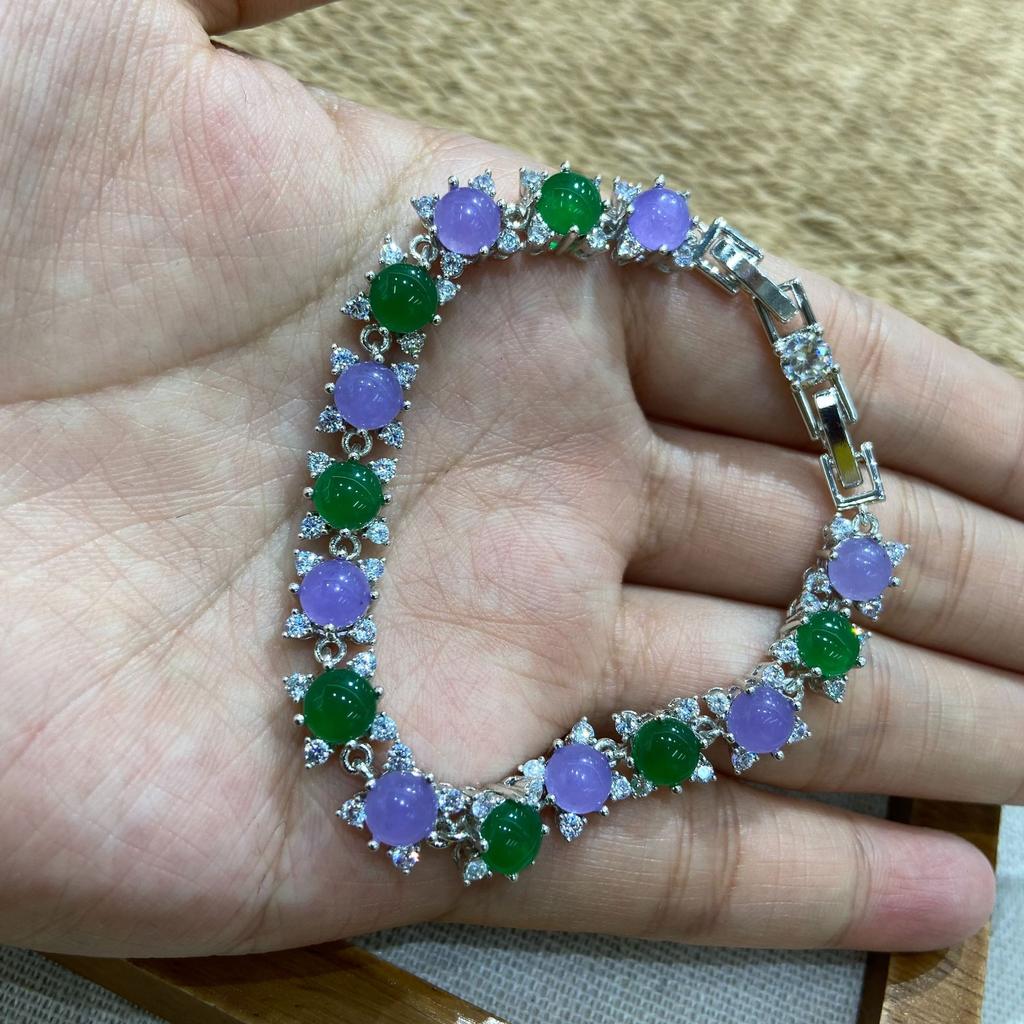 Jewelry Copper Bottom Platinum Plated Purple Green Chalcedony Plain Surface Full Diamond Inlaid Bracelet Light Luxury High-End Jewelry Women