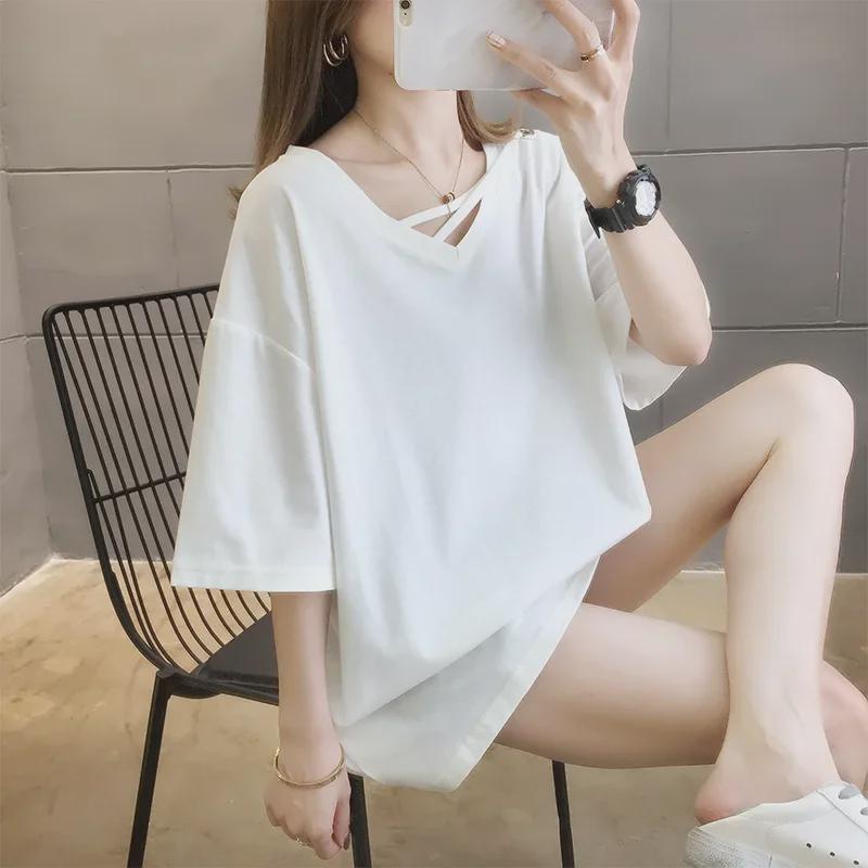 Korean Style Plus Size V-Neck Women's T-Shirt - Summer 2024 Trendy, Slimming, Solid Color, Short Sleeve Top