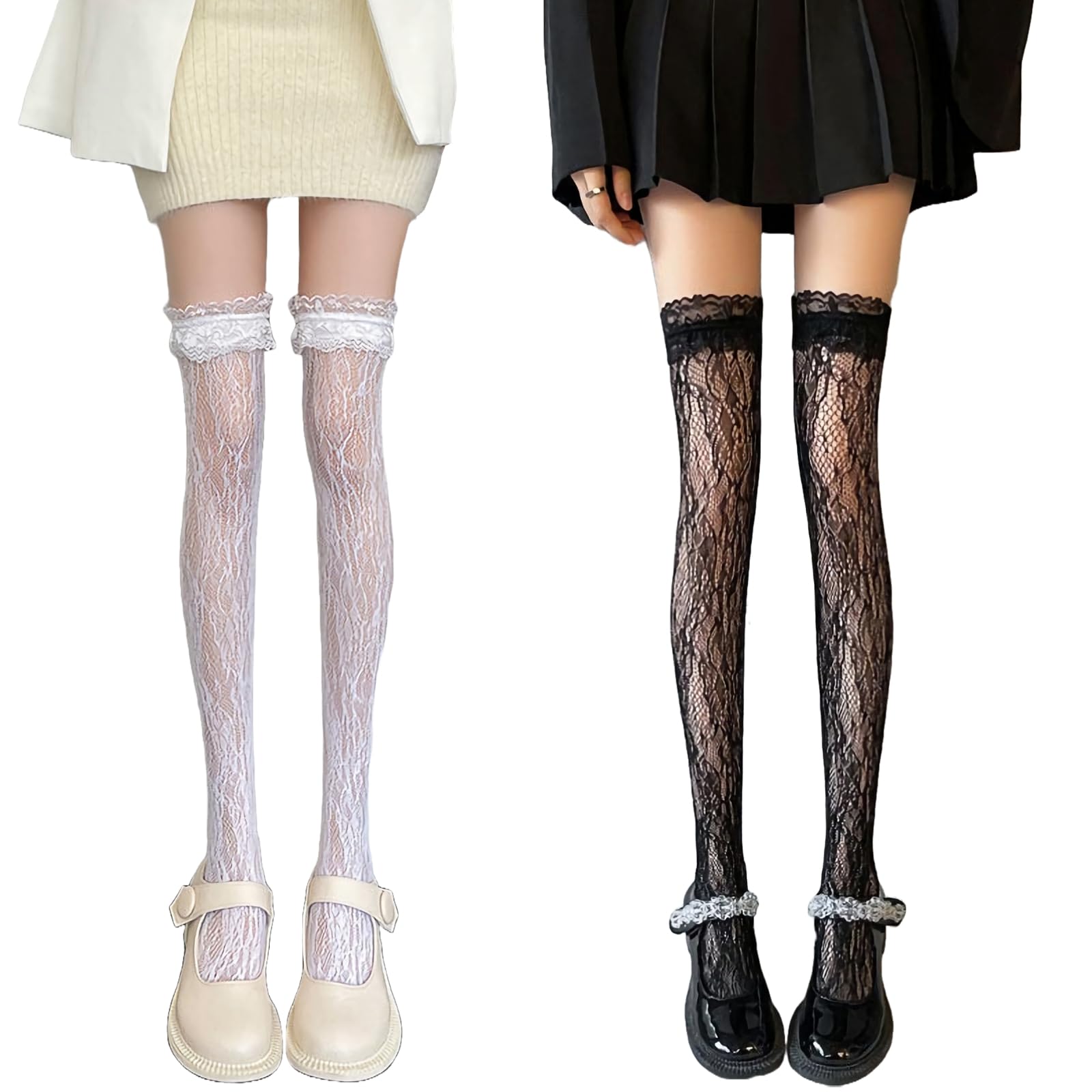 

Носки Rowaica с Идеально для Красивых Ног Женские Кружевные Чулки выше колена, (Белый + черный)