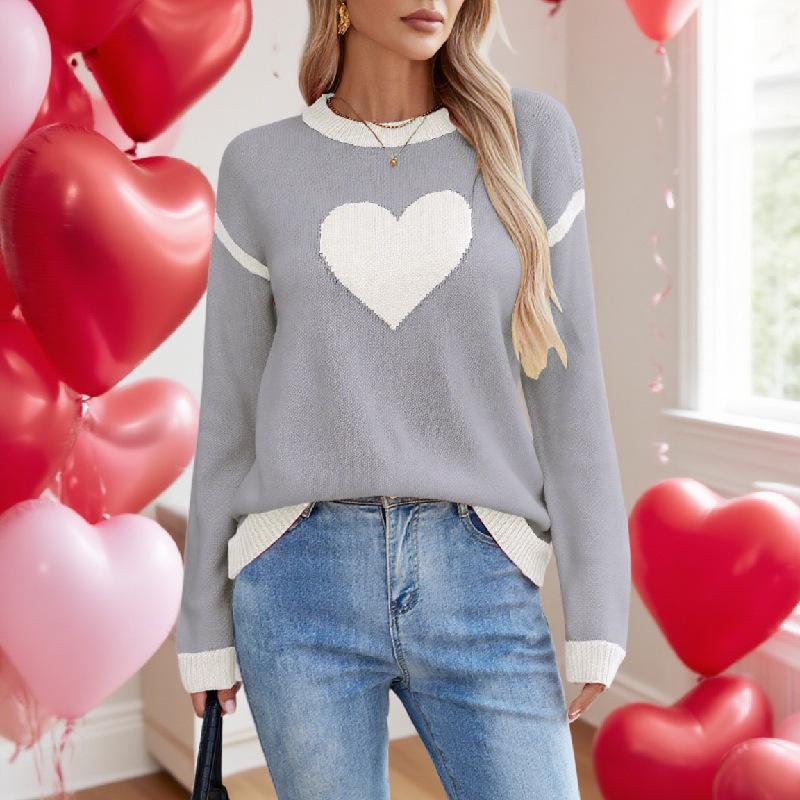 Damen Rundhals Langarm Strickpullover mit Herzmuster Lockerer Schnitt Lässiger Pullover Top