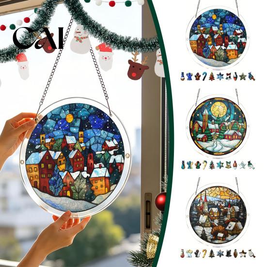 Stained Glass Window Art Christmas Acrylic Puzzle Suncatcher, Holiday Tree Snowman Stockings Red Bird Sun Catcher Suncatcher Kit for Adults,
