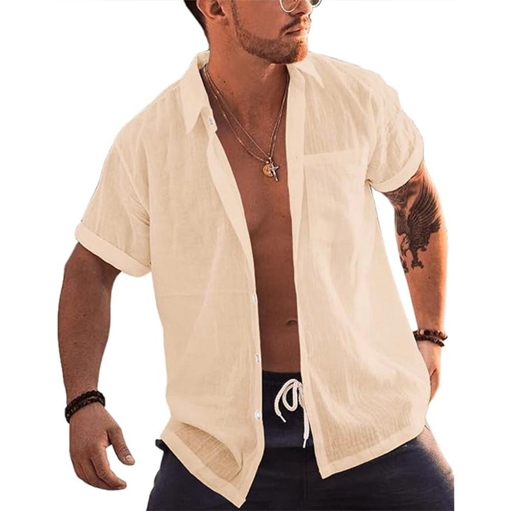 Herren Kurzarm Button Up Hemden Leinen Baumwolle Strand Tops Umlegekragen Sommer T-Shirt mit Tasche