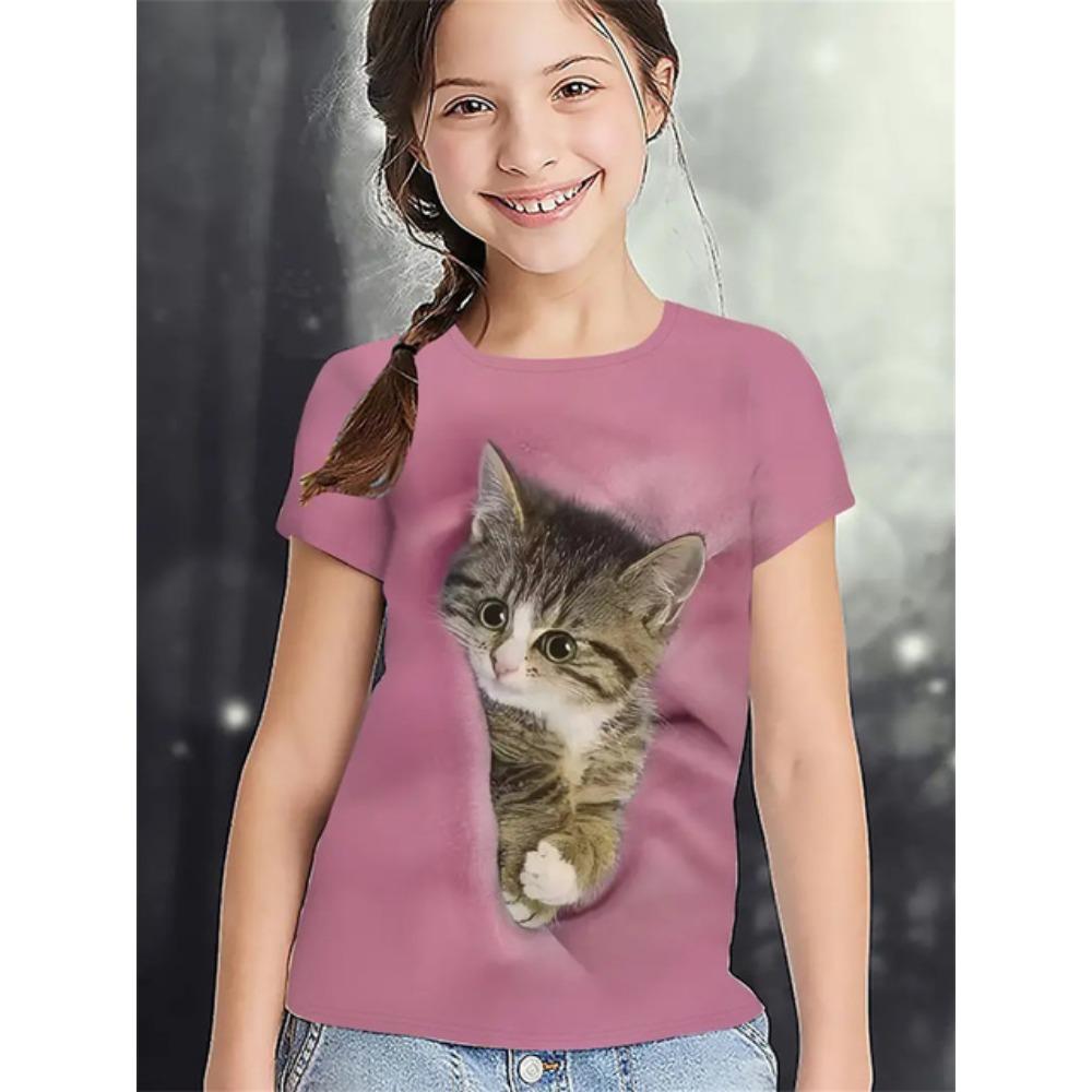 

Мультяшные животные, кошки, 3D-принт, 2025, одежда для девочек, модные повседневные футболки, забавные футболки для девочек, летний топ с короткими рукавами 160