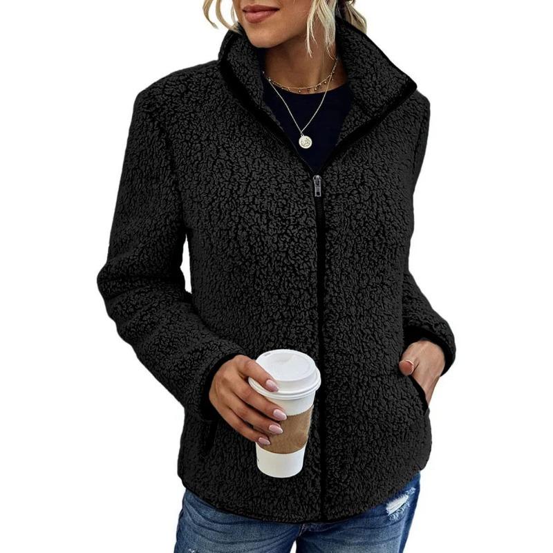 Women's Pink Fleece Zip-Up Jacket Stand Collar Casual Warm Outerwear