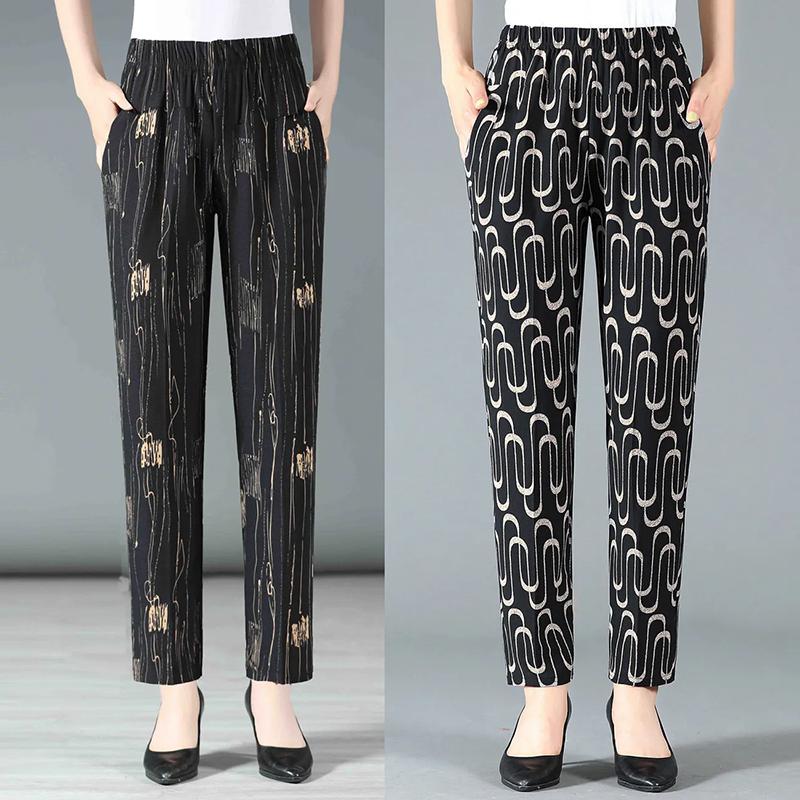 WTEMPO Retro Elegant Printed Elastic High Waist Thin Mother's Loose Cropped Pants Women's Spring Summer Ice Silk Wide Leg Pants