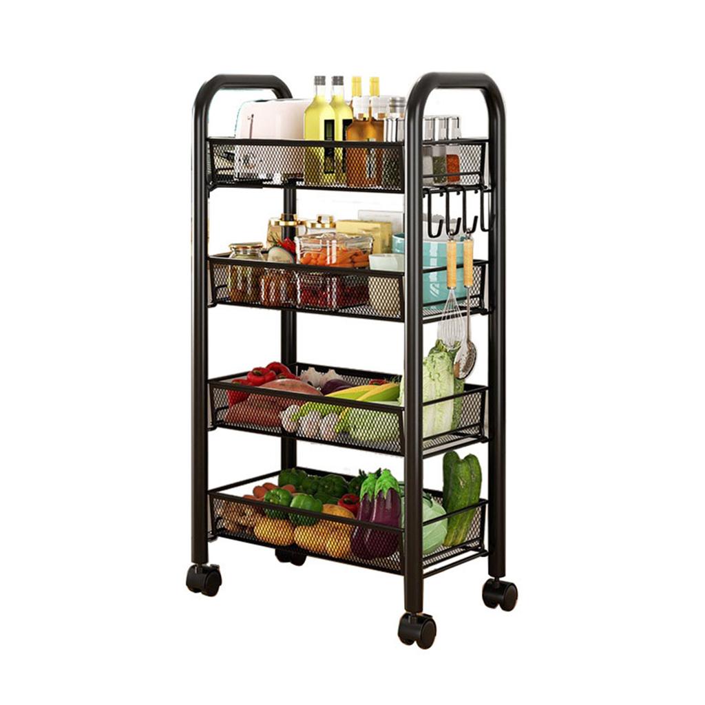 Rolling Storage Cart Layered Storage Shelves Multi Functional Movable Snack Vegetable Baskets Kitchen Shelves Black