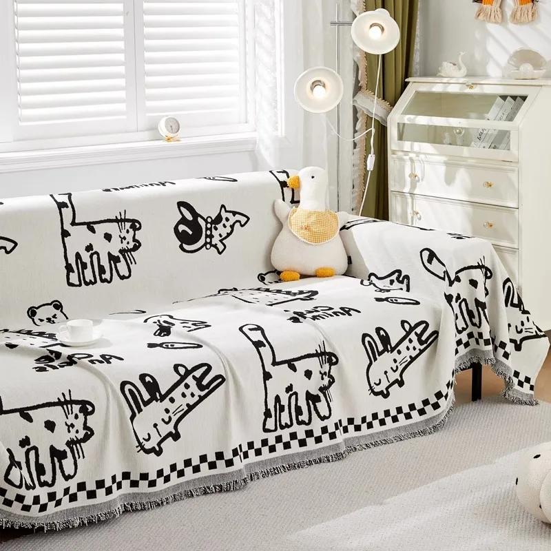 Kalınlaştırılmış Şönil Kumaş Kanepe Örtüsü Modern Basit Çizgi Film Desenli Sevimli Kanepe Kılıfı Kumaşı