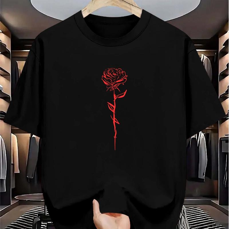 Herren Sommer Kurzarm Rundhals T-Shirt - Lässiges Sportswear Layering Basic Shirt, Geometrischer Rosenprint,