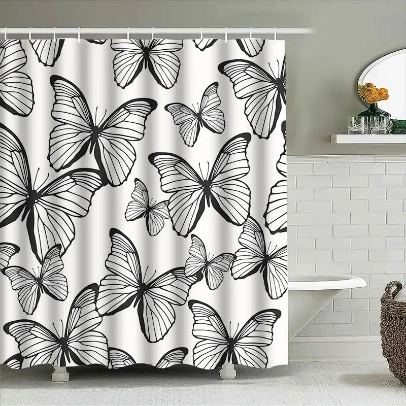 Black White Butterfly Printed Waterproof Shower Curtain Set For Bathroom Decor Home Textiles