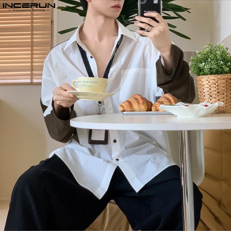 INCERUN Oversized Men Long Sleeve Back Patchwork Buttons Casual Loose Shirts Tops