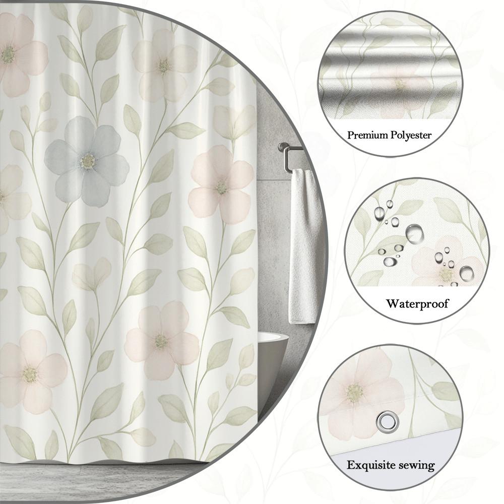 Soft Pastel Flower Shower Curtain Delicate Blooms Green Leaves Minimalist Nature Design Elegant Bathroom Decor Waterproof