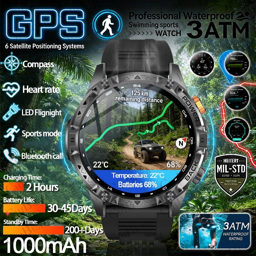 1000 mAh Large Battery GPS Outdoor Military Men Smart Watch 1.7 Inch Screen Flashlight Compass Bluetooth Call Waterproof Watch
