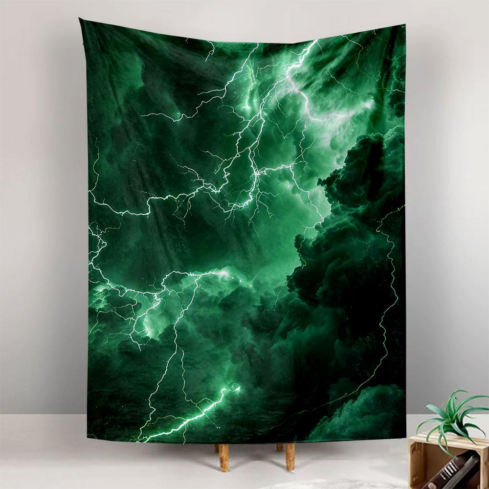 Nature Wall Tapestry Dramatic Green Storm Clouds White Lightning Bolts Electric Thunderstorm Sky Moody Decor for Bedroom Living Room