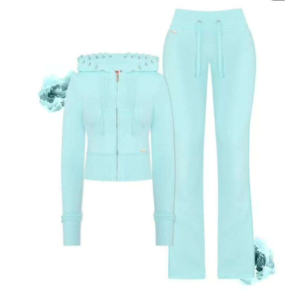 2KWEIRD Autumn Winter Casual Sports Solid Color Splicing Knit Hoodie 2 Piece Sets Woman Outfit Pantsuits