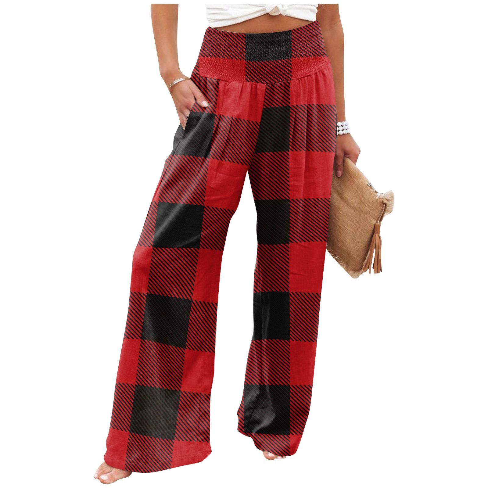 

Women s Summer Elastic Waist Plaid Printed Cotton And Linen Loose Trousers L червоний