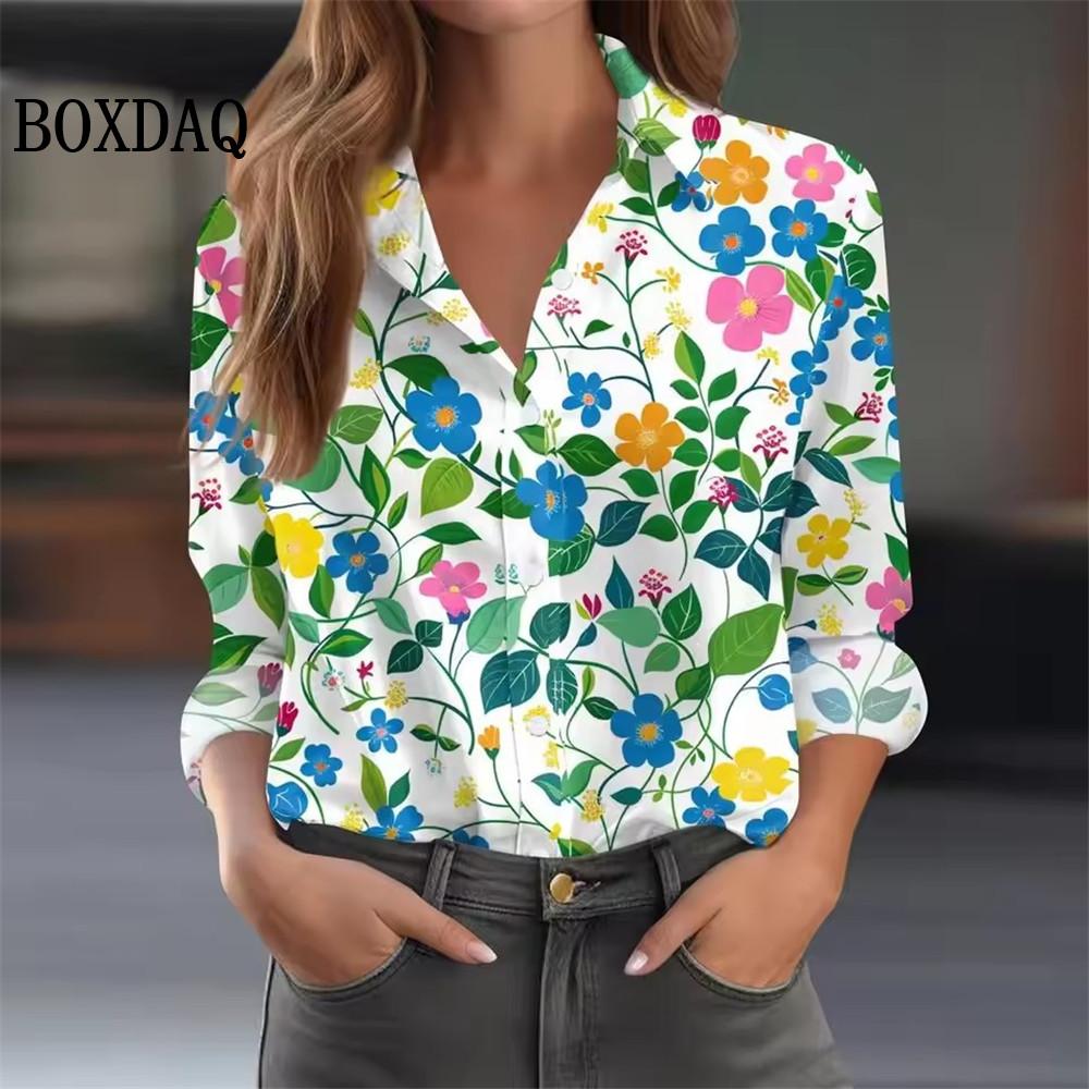 Women's 3D Floral Pattern Print Shirts Vintage Autumn Long-Sleeved Blouse Fashion Casual Loose Button Everyday Lapel Shirt Tops