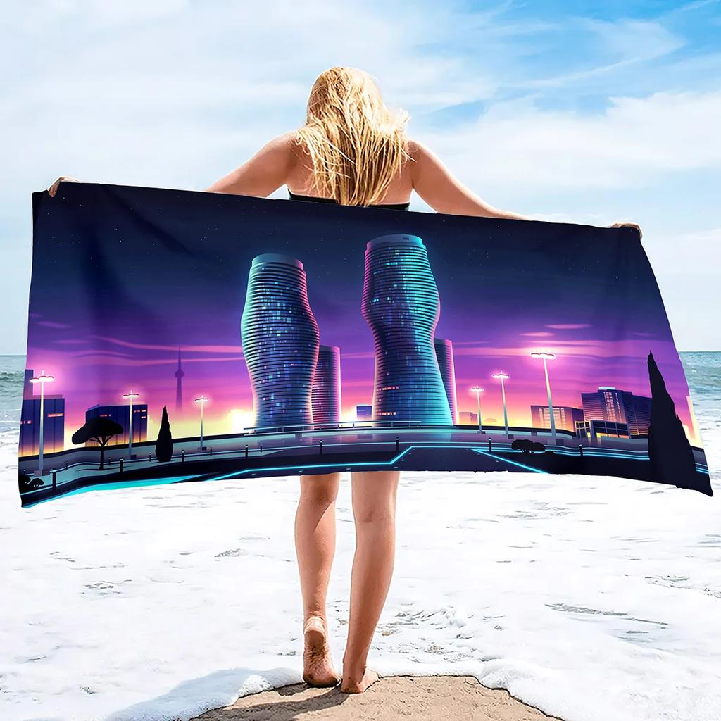 Cyber Style City Night Scene Sand Towel Beach Blanket Sand Free Microfiber Quick Drying Swimming Pool Towels Camping Towels