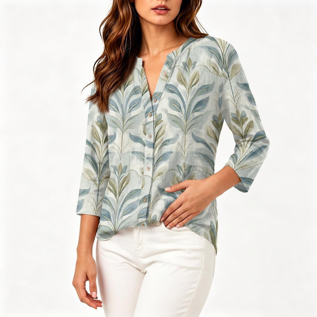 Blouse Vintage pour Femme à Imprimé Floral, Col Rond, Manches Trois-Quarts, Haut Décontracté en Coton et Lin
