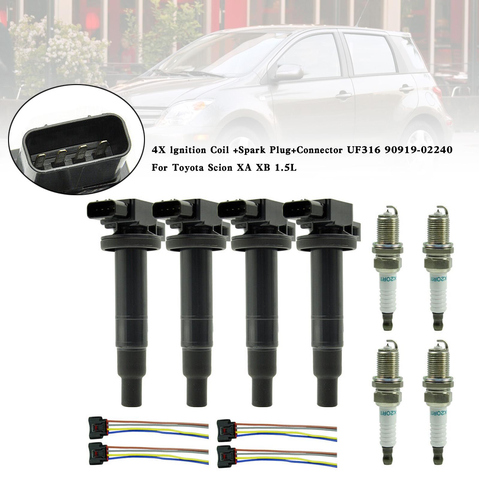 

4X lgnition Coil +Spark Plug+Connector UF316 90919-02240 For Scion XA XB 1.5L