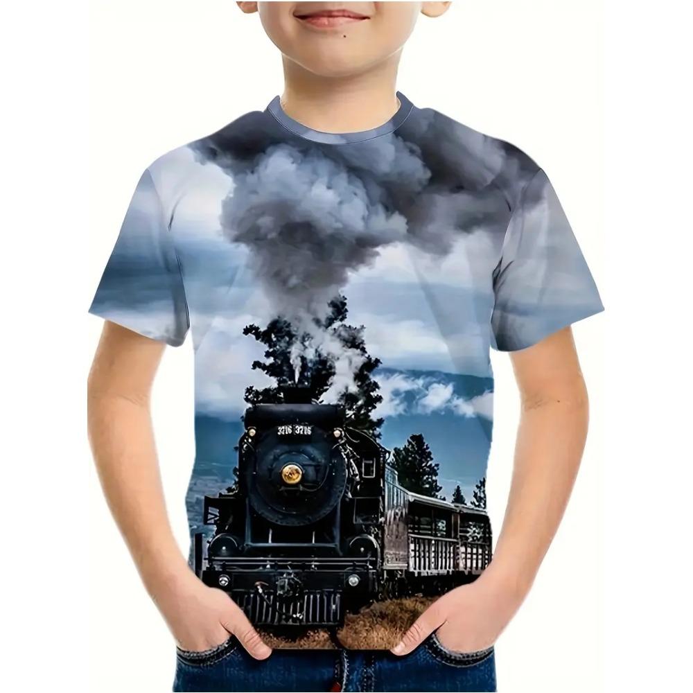 Boys' T-shirt, summer fun children's clothing, steam train pattern T-shirt, 3D printed outdoor short sleeved children's clothing