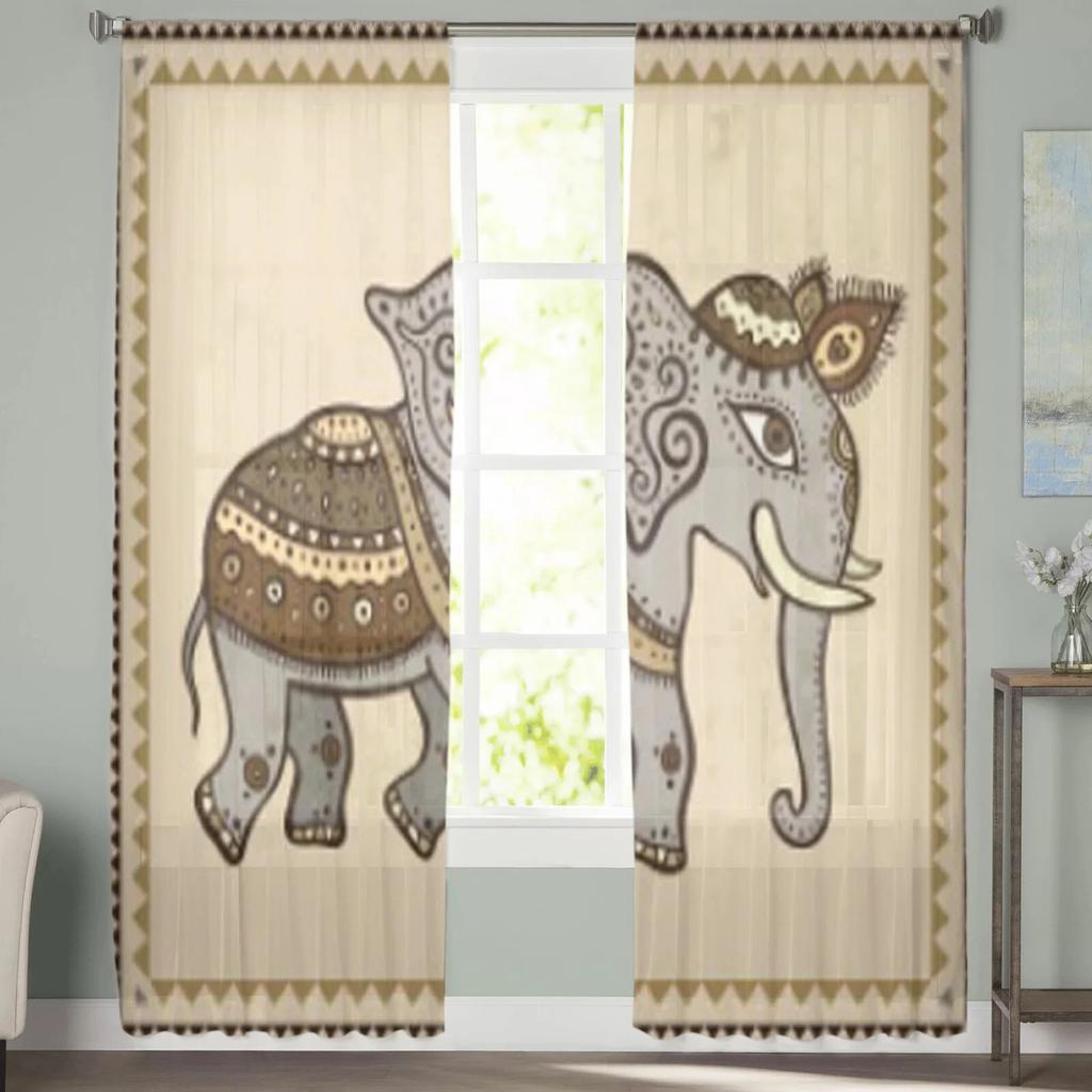 Elephant Hand Drawn Indian Style Sheer Curtains For Bedroom Living Room Tulle Curtains For Kitchen Window Voile Curtains