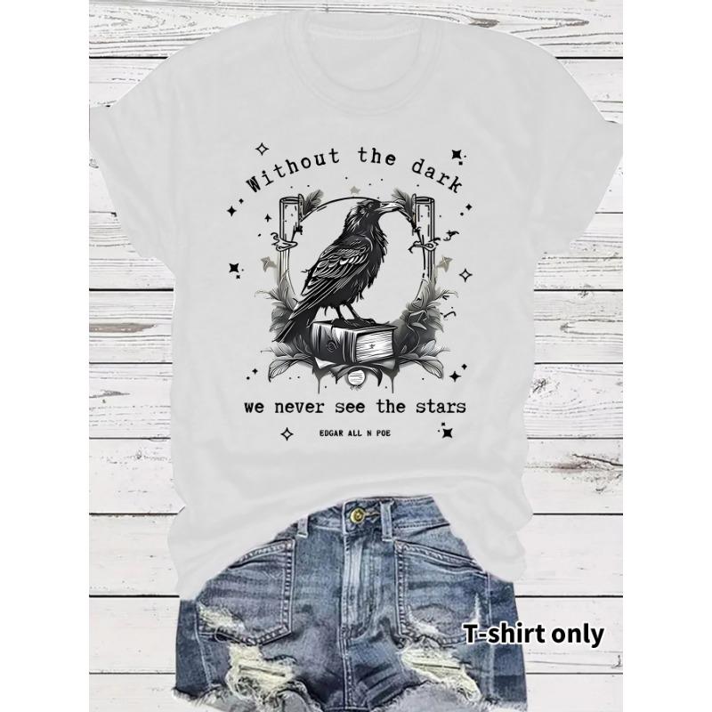Women's Art Crow and Book Design Print Casual Short-sleeved Round-neck T-shirt
