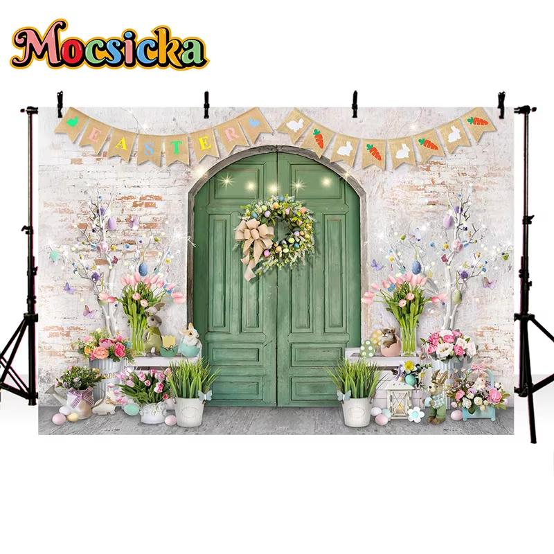 Mocsicka Easter Background Spring Flowers Meadow Eggs Rabbit Decoration Home Party Kid Photo Studio Photography Props