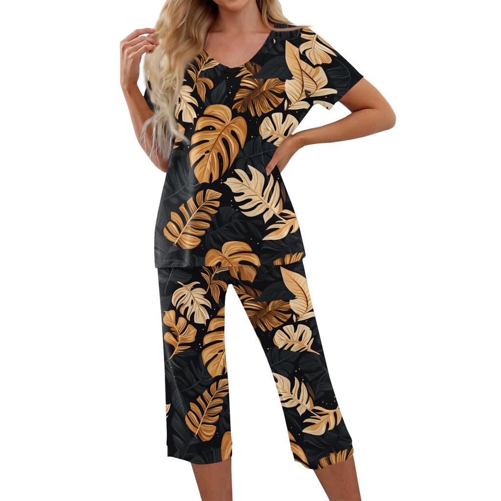 2 Piece Sets For Women Short Sleeve Top And Pants With Pockets Workout Soft Print Sets