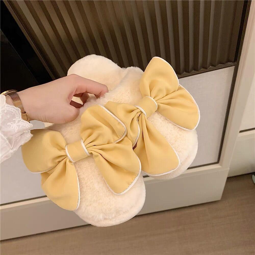 Cozy Bow Plush Slippers: Warm Non-Slip Indoor Cotton for Autumn & Winter