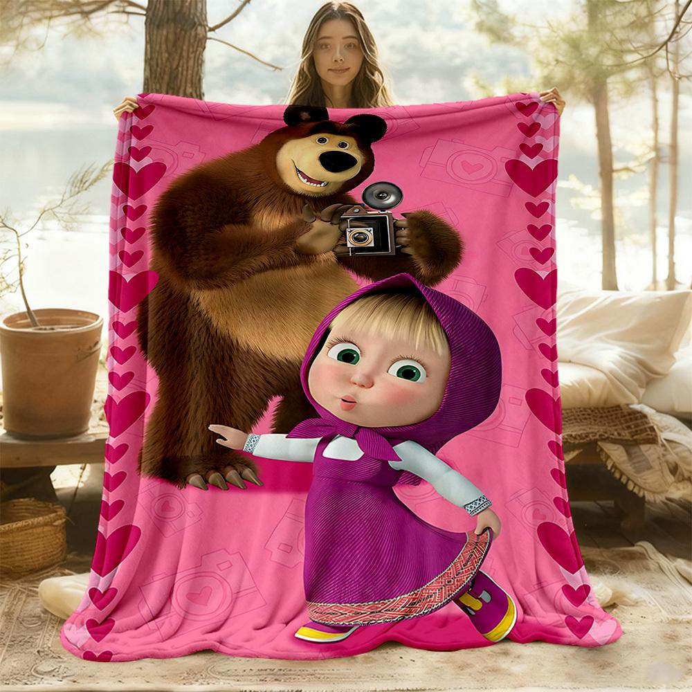 1pc Masha Bear Outdoor Blanket Lightweight Flannel, Soft & Warm, All-Season Use for Sofa, Outdoor, Camping, Living Room045