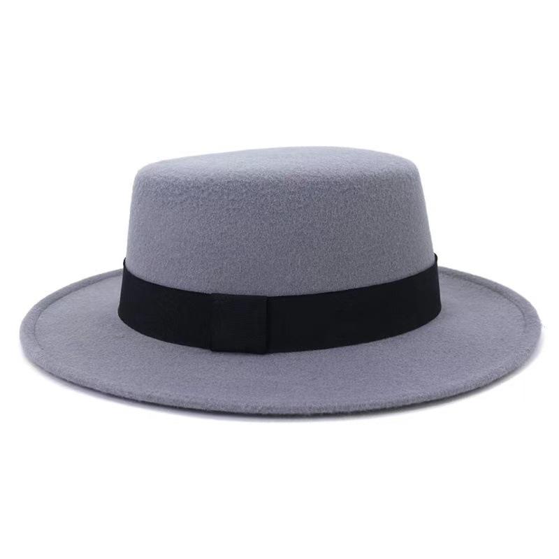 Autumn Winter Korean Version Flat-Top British Style Solid Color Top Hat Gentleman'S Jazz Hat Wide-Brimmed Flat-Brimmed Woolen Hats For Men And Women